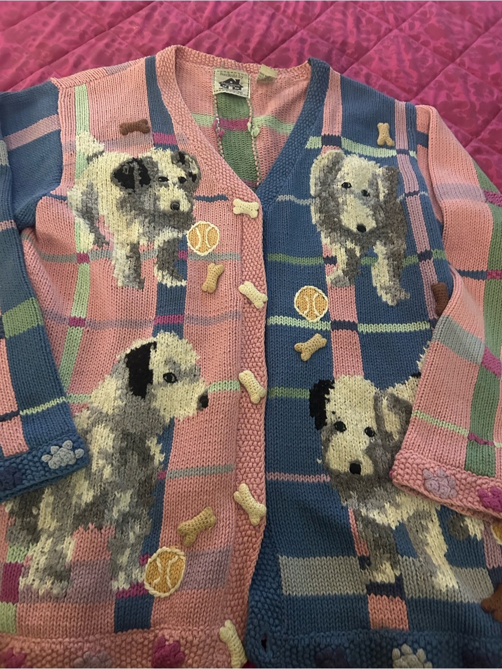 RARE Storybook Knits Vintage Dog Plaid 3D Applique Cardigan Sweater L - Picture 8 of 9